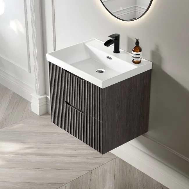 Crete Fluted Charcoal Elm Wall Hung Basin Drawer Vanity 600mm