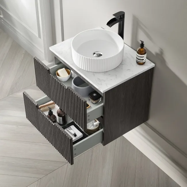 Crete Fluted Charcoal Elm Wall Hung Drawer Vanity with Marble Top & Nevis Basin 600mm