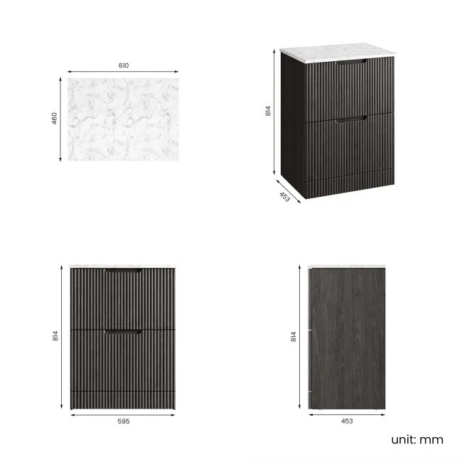 Crete Fluted Charcoal Elm Vanity Drawer with Marble Top 600mm - Excludes Counter Top Basin