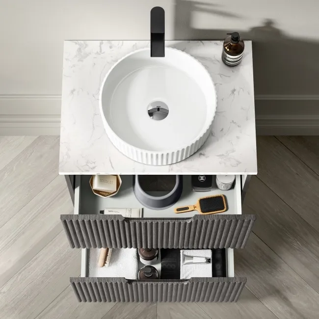Crete Fluted Charcoal Elm Vanity Drawer with Marble Top & Nevis Basin 600mm