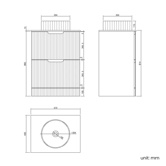 Crete Fluted Charcoal Elm Vanity Drawer with Marble Top & Nevis Basin 600mm