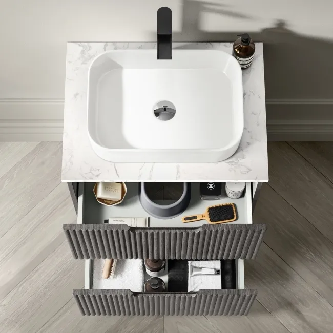 Crete Fluted Charcoal Elm Vanity Drawer with Marble Top & Marin Basin 600mm
