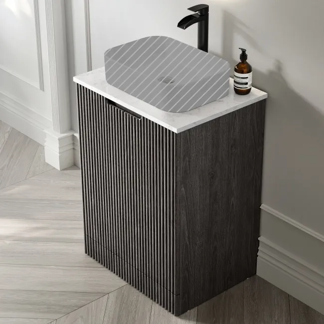 Crete Fluted Charcoal Elm Vanity with Marble Top 600mm - Excludes Counter Top Basin