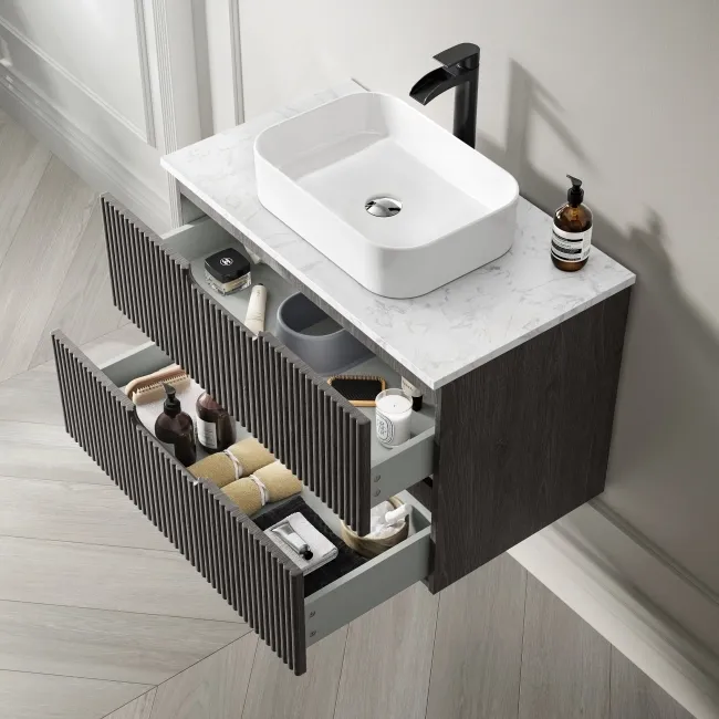 Crete Fluted Charcoal Elm Wall Hung Drawer Vanity with Marble Top & Marin Basin 800mm
