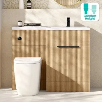 Havana Fluted Country Oak Combination Vanity Basin and Utah Comfort Height Toilet 1100mm - Black Accents - Right Handed