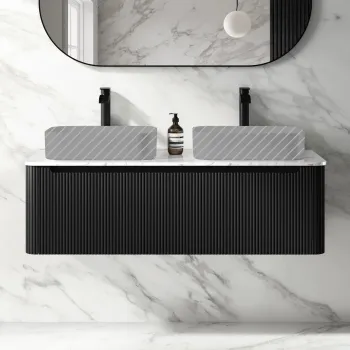 Sorrento Fluted Matt Black Double Wall Hung Drawer Vanity with Marble Top 1200mm - Excludes Counter Top Basin