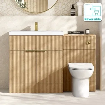Havana Fluted Country Oak Combination Vanity Basin and Aruba Toilet 1300mm - Brushed Brass Accents