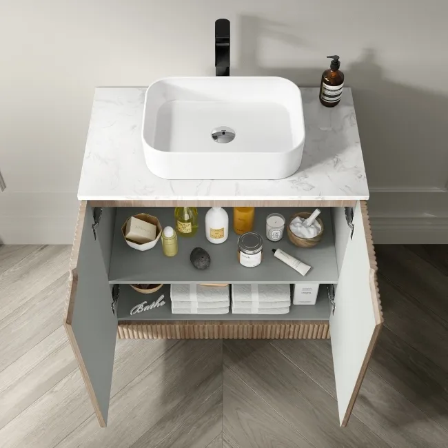 Crete Fluted Apex Oak Vanity with Marble Top & Marin Basin 800mm