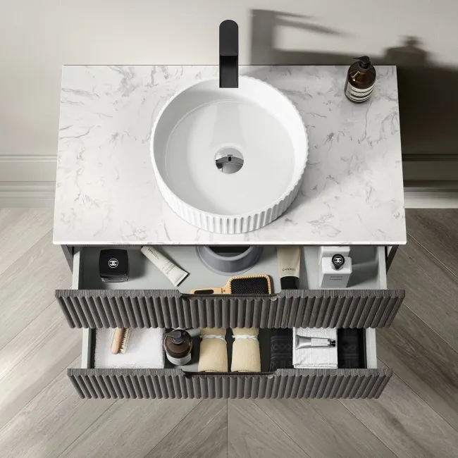 Crete Fluted Charcoal Elm Wall Hung Drawer Vanity with Marble Top & Nevis Basin 800mm