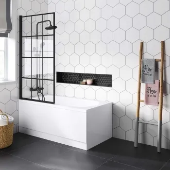 Stafford Round Shower Bath 1400x700 & 6mm Easy Clean Matt Black Grid Bath Screen