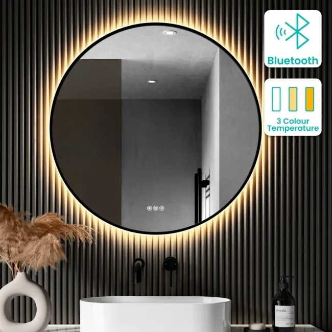 Delilah Black Framed Round Backlit LED Mirror With BLUETOOTH Speaker 800mm
