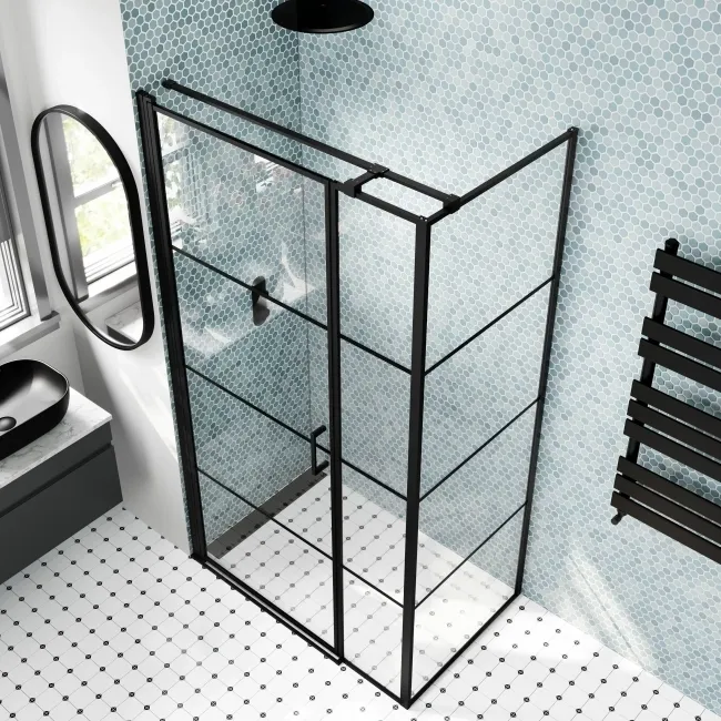 Toulon Matt Black Grid Easy Clean 6mm Pivot Shower Enclosure 1100x700mm