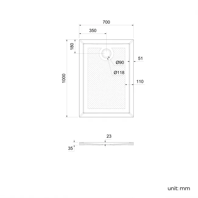Doha Rectangular Gloss White Anti-Slip Stone Shower Tray 1000x700mm & Riser Kit