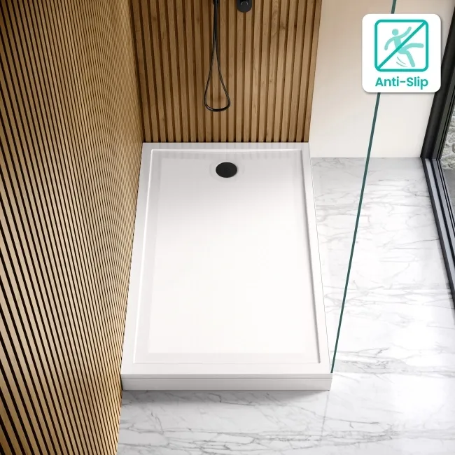 Doha Rectangular Gloss White Anti-Slip Stone Shower Tray 1400x800mm & Riser Kit