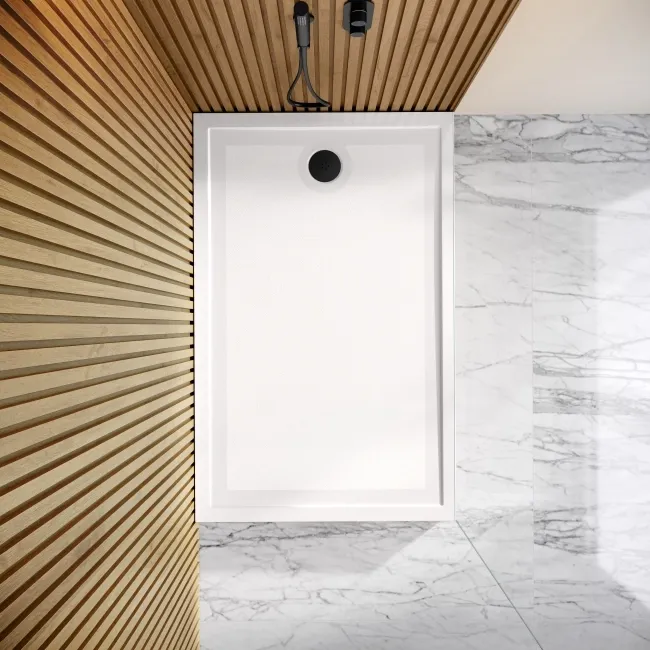Doha Rectangular Gloss White Anti-Slip Stone Shower Tray 1400x900mm & Riser Kit