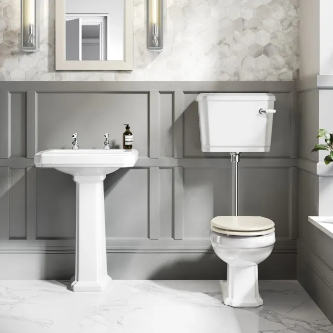 Hudson Traditional Low-Level Toilet With Chalk White Seat & Pedestal Basin - Double Tap Hole