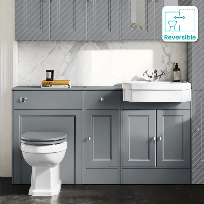 Monaco Dove Grey Combination Vanity Traditional Basin and Hudson Toilet with Wooden Seat 1500mm