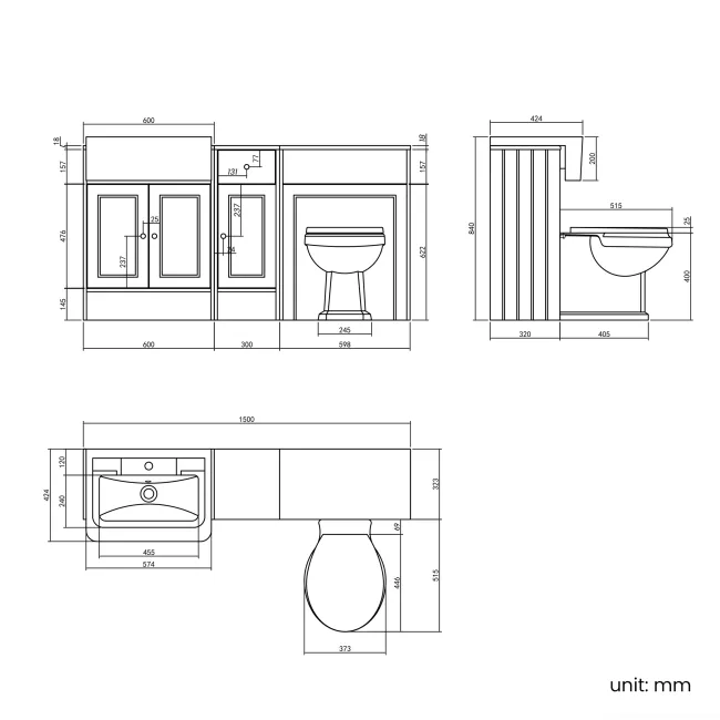 Monaco Dove Grey Combination Vanity Traditional Basin and Hudson Toilet with Wooden Seat 1500mm