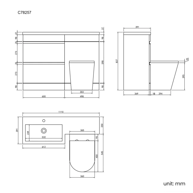 Trent Stone Grey Combination Basin Drawer and Boston Toilet 1100mm - Left Handed