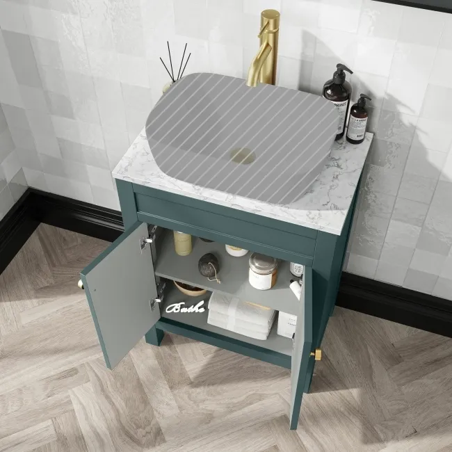 Bermuda Midnight Green Cabinet with Marble Top 600mm Excludes Counter Top Basin - Brushed Brass Accents