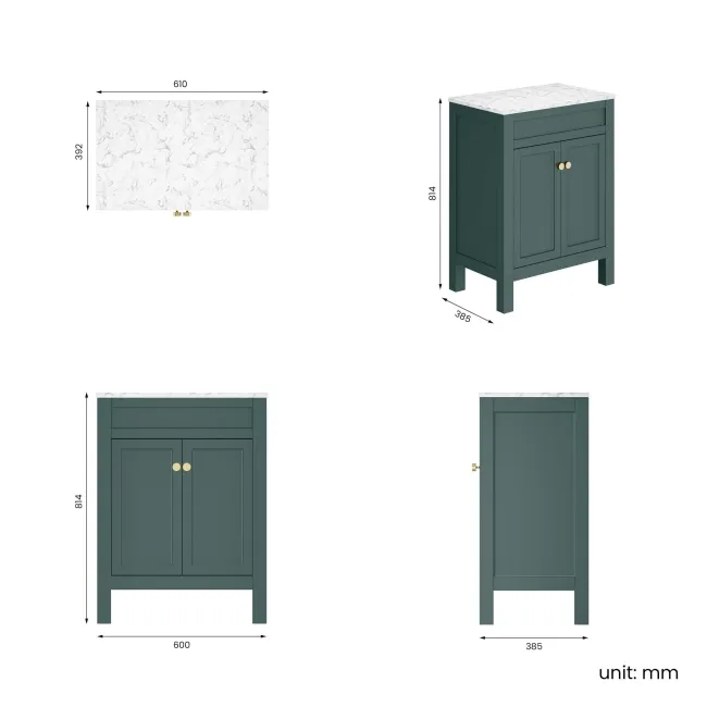 Bermuda Midnight Green Cabinet with Marble Top 600mm Excludes Counter Top Basin - Brushed Brass Accents