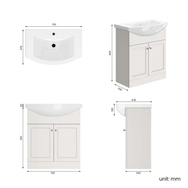Capri Cotton White Vanity with Semi Recessed Basin 750mm - Brushed Handles