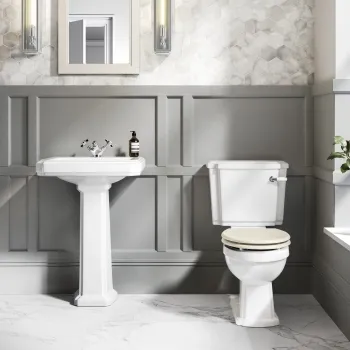 Hudson Traditional Close Coupled Toilet With Chalk White Seat & Pedestal Basin - Single Tap Hole