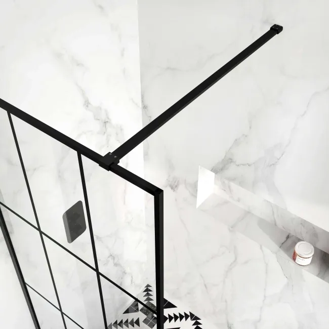 Munich Matt Black Grid Easy Clean 8mm Wet Room Shower Glass Panel 700mm