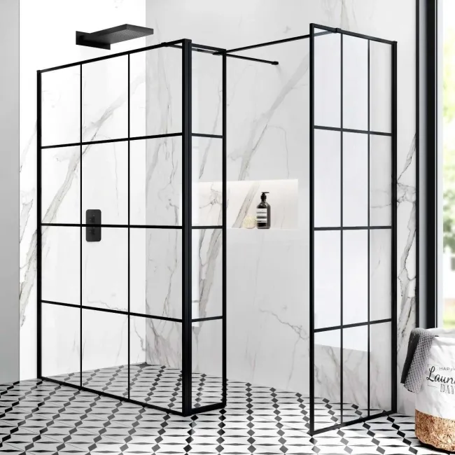 Munich Matt Black Grid 8mm Walk In Shower Enclosure 1400mm & 700mm Glass with Pivotal Return Panel
