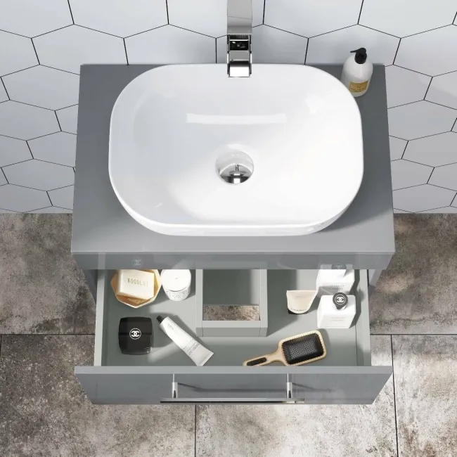 Avon Stone Grey Wall Hung Drawer Vanity with Curved Counter Top Basin 600mm