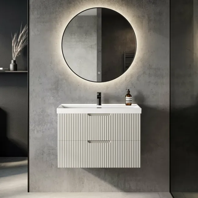 Crete Fluted Linen White Wall Hung Basin Drawer Vanity 800mm
