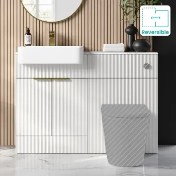 Sicily Fluted Coastal White Basin Vanity with Marble Top & Back To Wall Unit 1200mm (Excludes Toilet) - Brushed Brass Accents