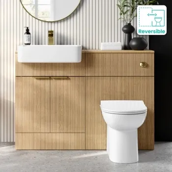 Sicily Fluted Country Oak Combination Vanity Basin and Aruba Toilet 1200mm - Brushed Brass Accents