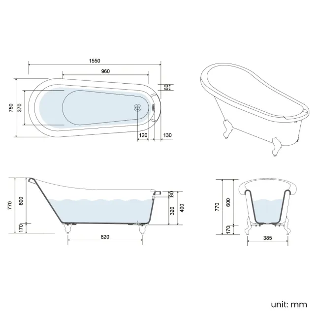 Highbury 1550mm Roll Top Slipper Bath - Brushed Brass Ball Feet