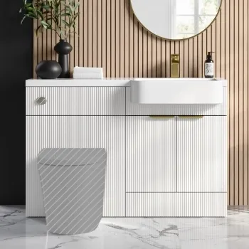 Sicily Fluted Coastal White Basin Vanity and Back To Wall Toilet Unit 1200mm (Excludes Toilet) - Brushed Brass Accents - Right Handed