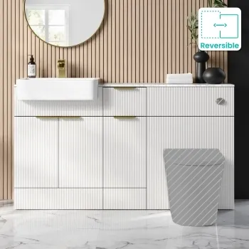 Sicily Fluted Coastal White Combination Vanity Basin with Marble Top 1500mm (Excludes Toilet) - Brushed Brass Accents