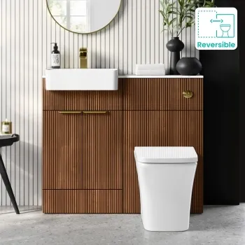 Sicily Fluted Black Walnut Combination Vanity Basin with Marble Top & Houston Toilet 1000mm - Brushed Brass Accents