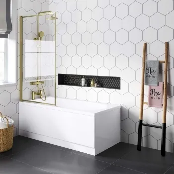 Stafford 1500x700 Round Shower Bath & 6mm Easy Clean Brushed Brass Framed Bath Screen