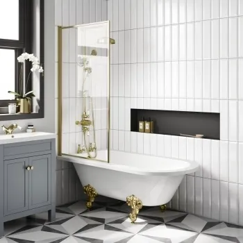 Abingdon 1500 Roll Top Shower Bath - Brushed Brass Ball Feet & 6mm Easy Clean Brushed Brass Bath Screen