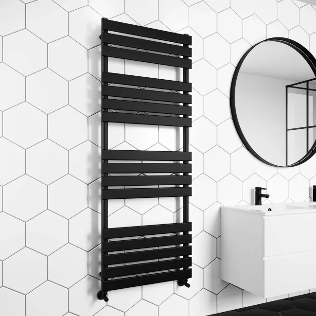 Santorini Matt Black Flat Panel Heated Towel Rail 1600x600mm