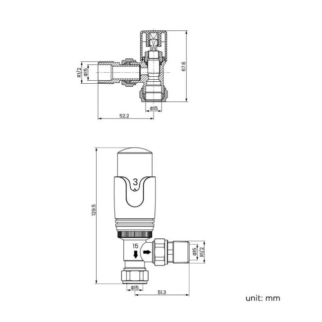 Thermostatic Angled Radiator Valve (Pair) Standard 15mm
