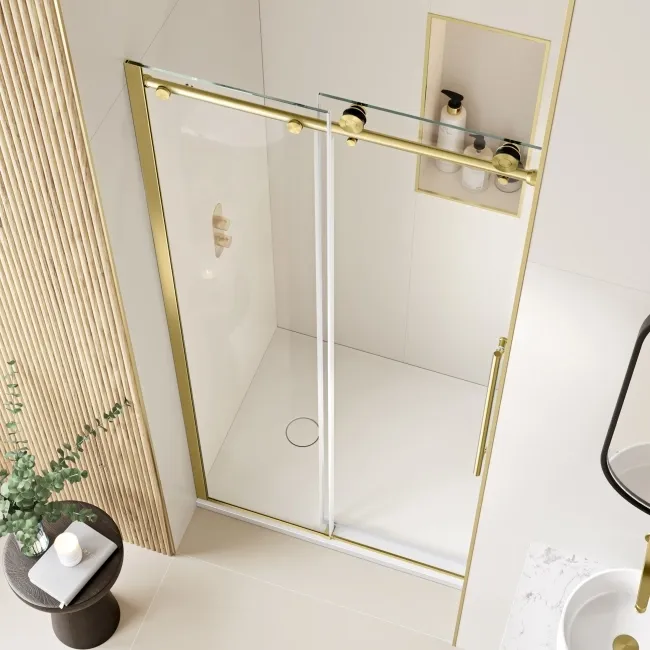 Prague Brushed Brass 8mm Soft-Closing Sliding Shower Door 1100mm