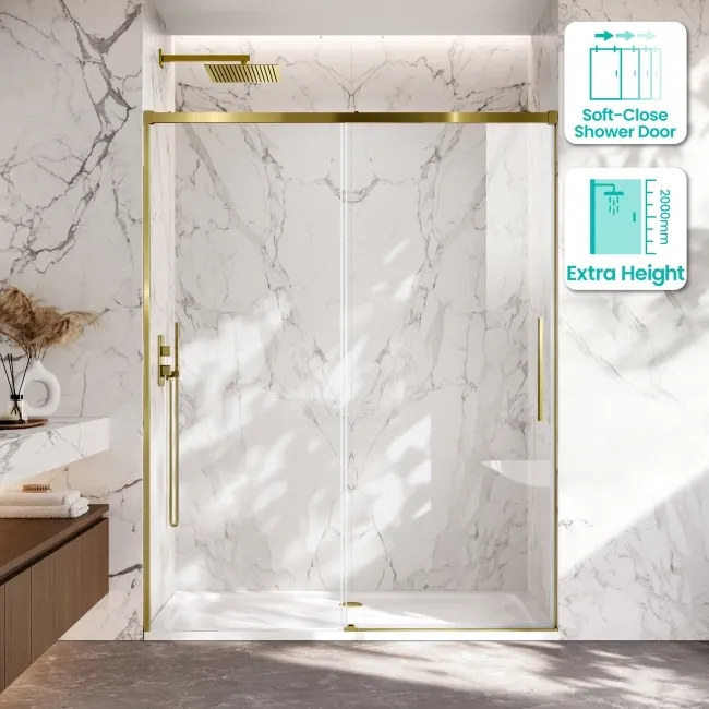 Lisbon Brushed Brass 8mm Soft-Closing Sliding Shower Door 1600mm