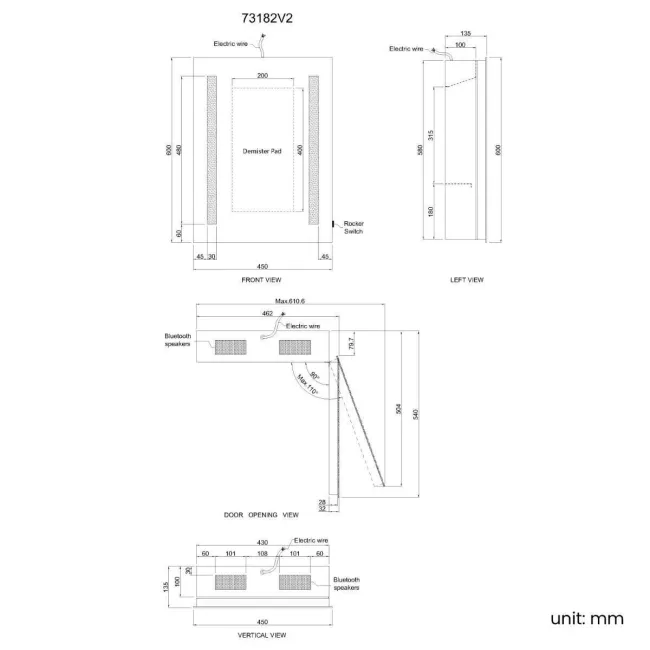 Emielia Illuminated LED Mirror Cabinet With BLUETOOTH Speaker 600x450mm