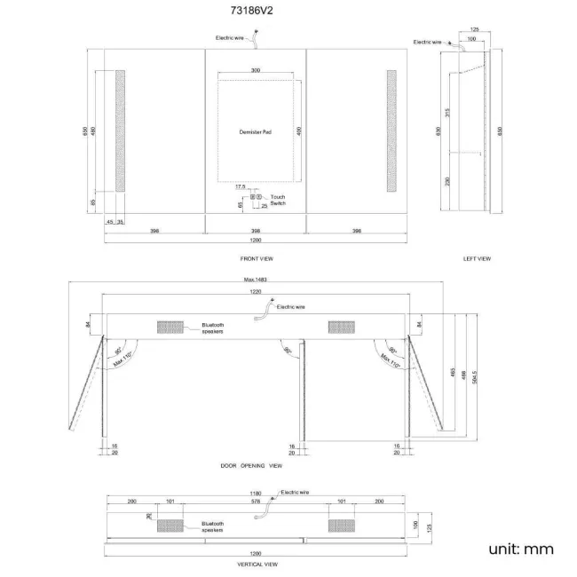 Emielia Illuminated LED Mirror Cabinet With BLUETOOTH Speaker 650x1200mm
