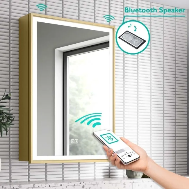 Mia Matt Brass Illuminated LED Mirror Cabinet With BLUETOOTH Speaker 710x500mm