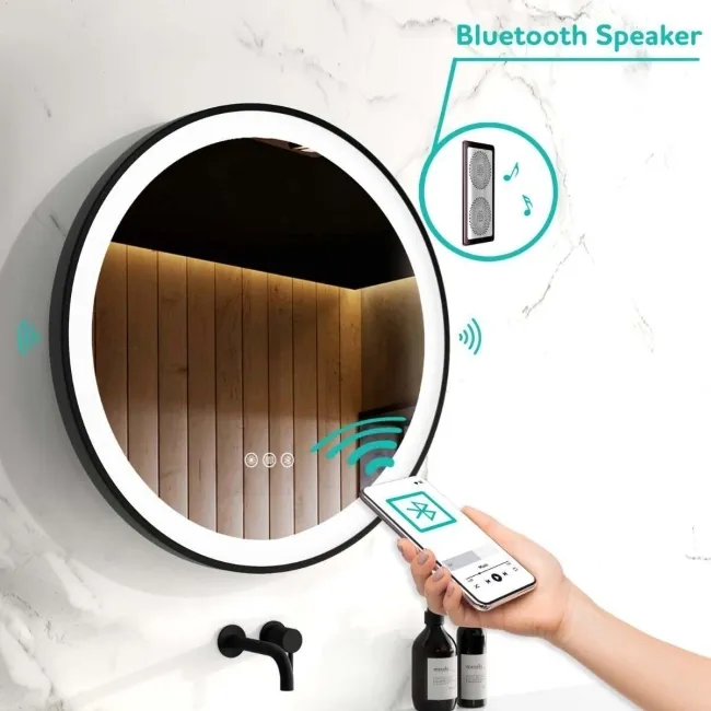 Mollie Black Framed Round Illuminated LED Mirror With BLUETOOTH Speaker 800mm