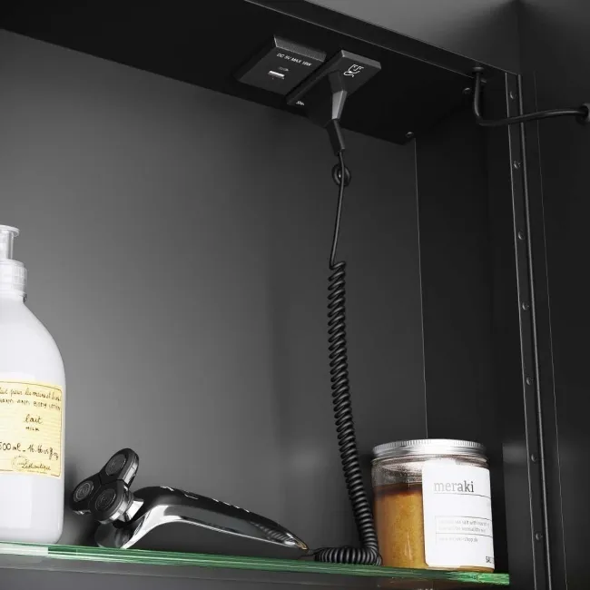 Mia Black Framed Illuminated LED Mirror Cabinet With BLUETOOTH Speaker & USB Port 710x600mm