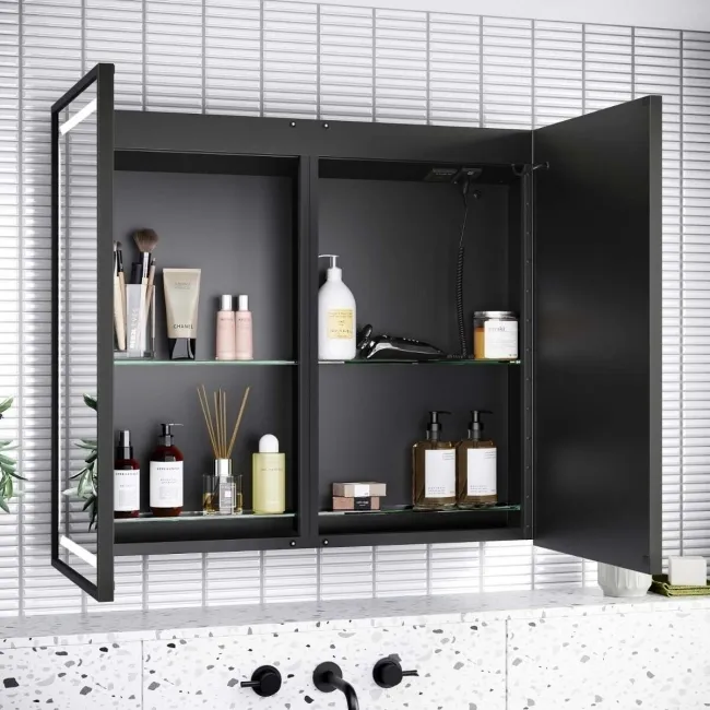 Mia Black Framed Illuminated LED Mirror Cabinet With BLUETOOTH Speaker&USB Port 710x800mm