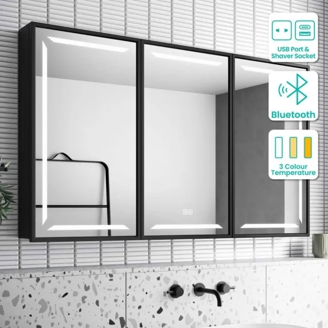 Mia Black Framed Illuminated LED Mirror Cabinet With BLUETOOTH Speaker & USB Port 710x1200mm